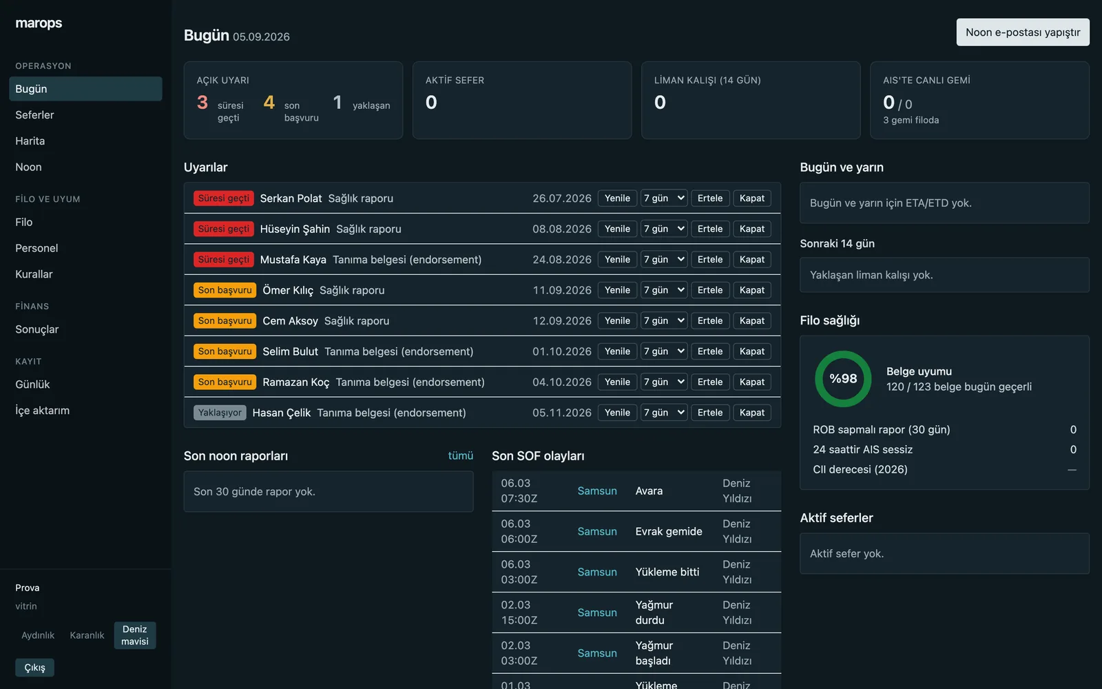 MarOps Today screen: open certificate alerts with renew, snooze and close actions, fleet health at 98 percent, latest SOF events