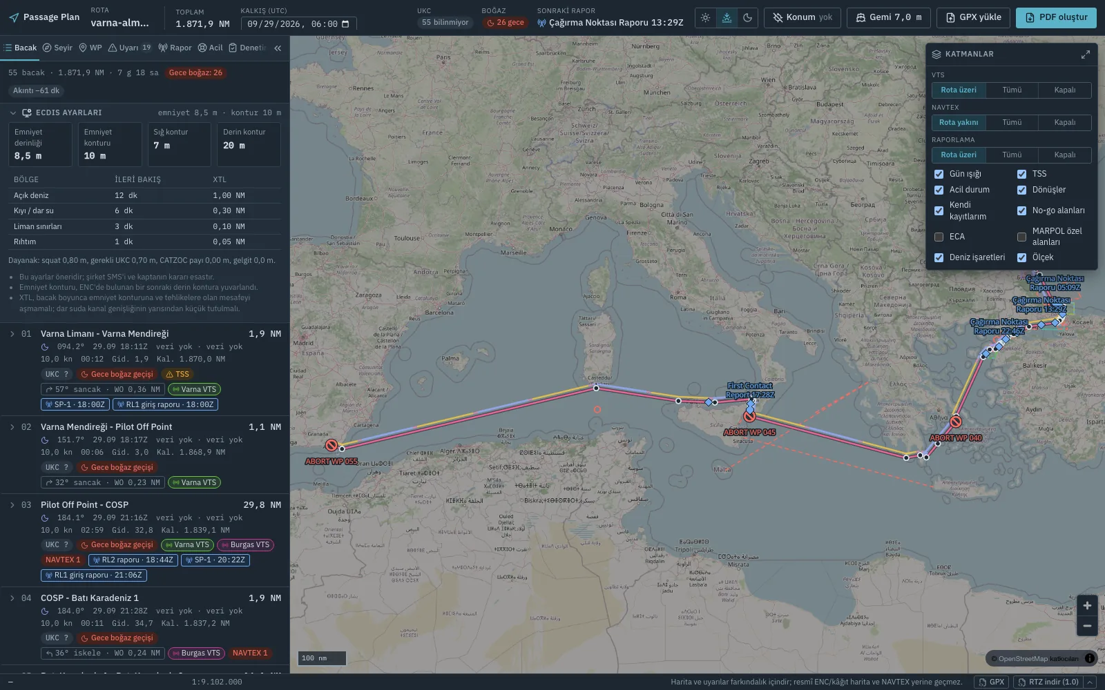 Passage Plan leg list and map: ECDIS settings card with safety depth and XTL per zone, legs with courses, ETAs, UKC, VTS and reporting badges, and a Varna to Almeria route with abort points and reporting points
